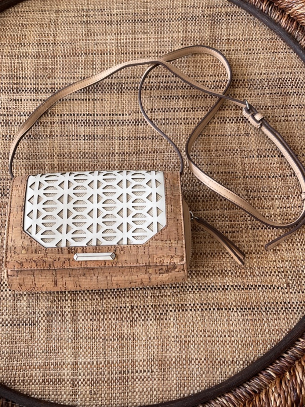 Stella & Dot Nolita Geo Cork Crossbody Bag with White Laser-Cut Accent